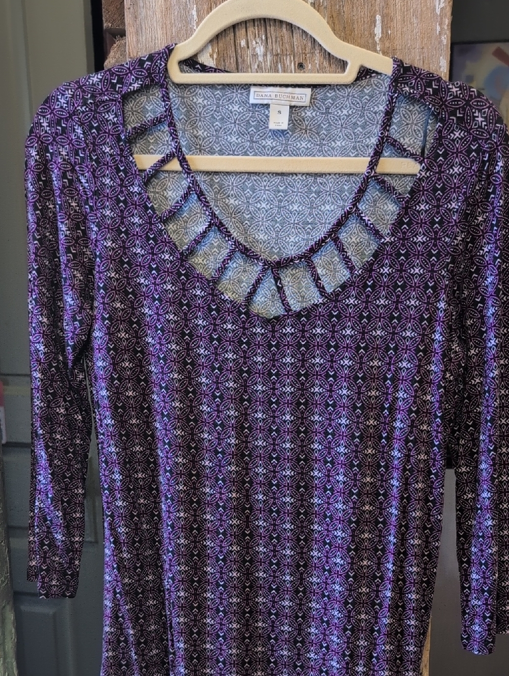 Dana Buchman Purple Geometric Cutout Long Sleeve Tee